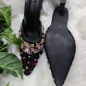 Sasha Women's Sexy Black Satin Beaded Pump Size 9